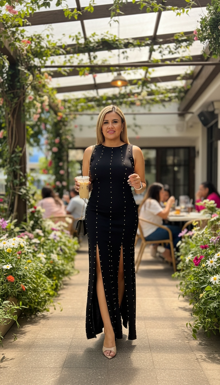 Vestido Negro Sin Mangas con Aplicaciones en Dorado